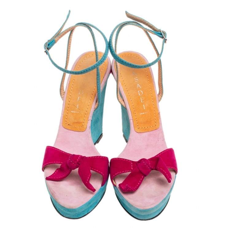 Pre Owned Casadei Multicolor Suede Bow Ankle-Strap Wedge Sandals Size 37 
