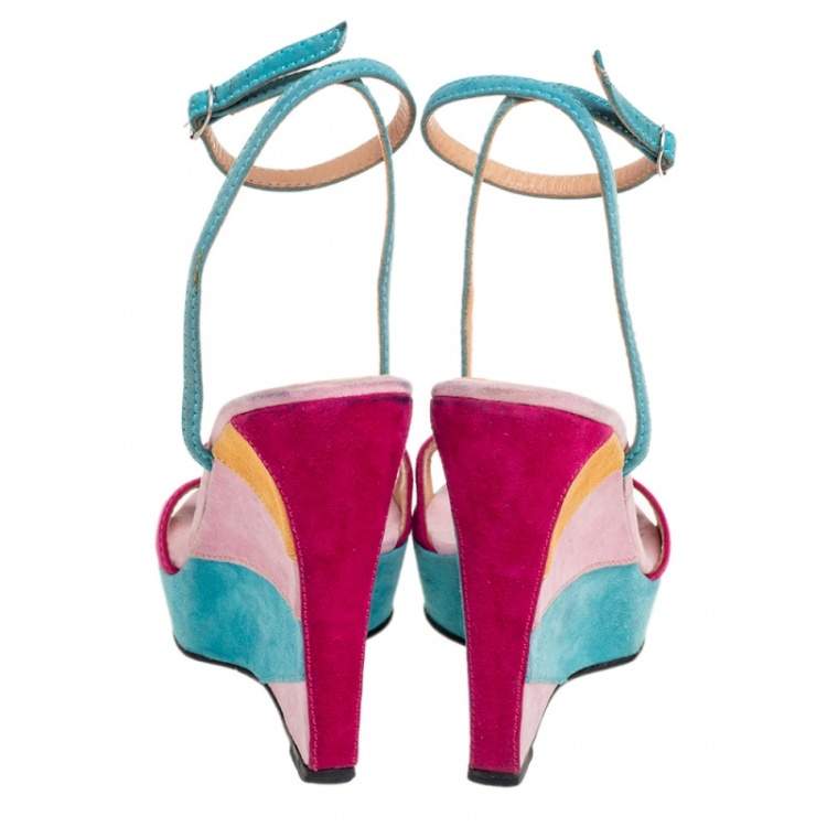 Pre Owned Casadei Multicolor Suede Bow Ankle-Strap Wedge Sandals Size 37 