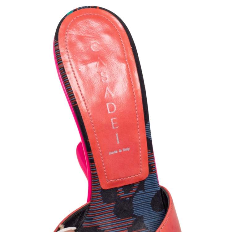 Pre Owned Casadei Coral Pink Leather Flower Applique Open-Toe Wedge Sandals Size 37