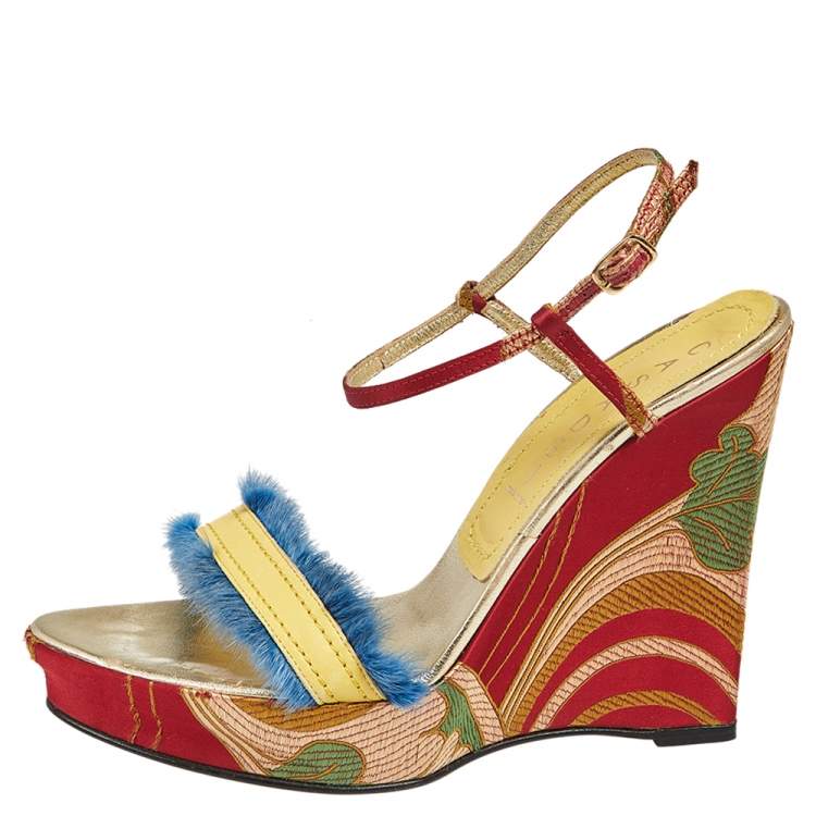Pre Owned Casadei Multicolor Satin And Leather Wedge Ankle Strap Sandals Size 37