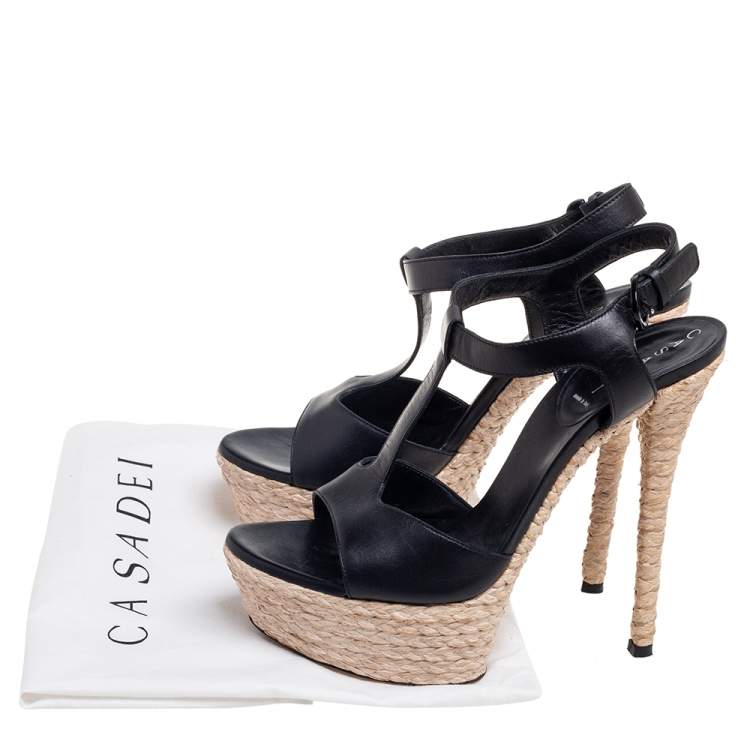 Pre Owned Casadei Black Leather T-Strap Platform Espadrille Sandals Size 39