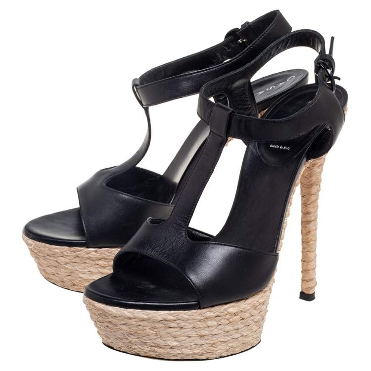 Pre Owned Casadei Black Leather T-Strap Platform Espadrille Sandals Size 39