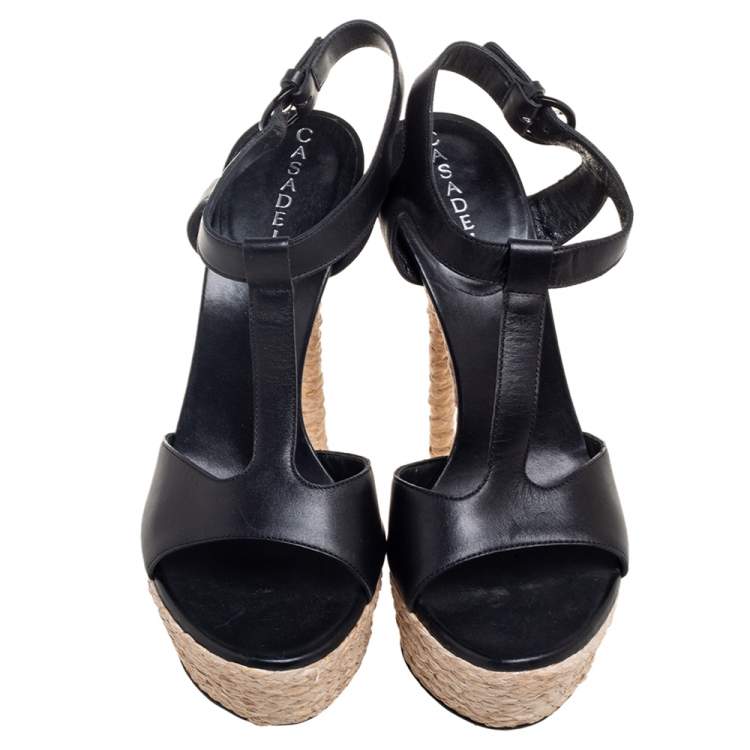 Pre Owned Casadei Black Leather T-Strap Platform Espadrille Sandals Size 39