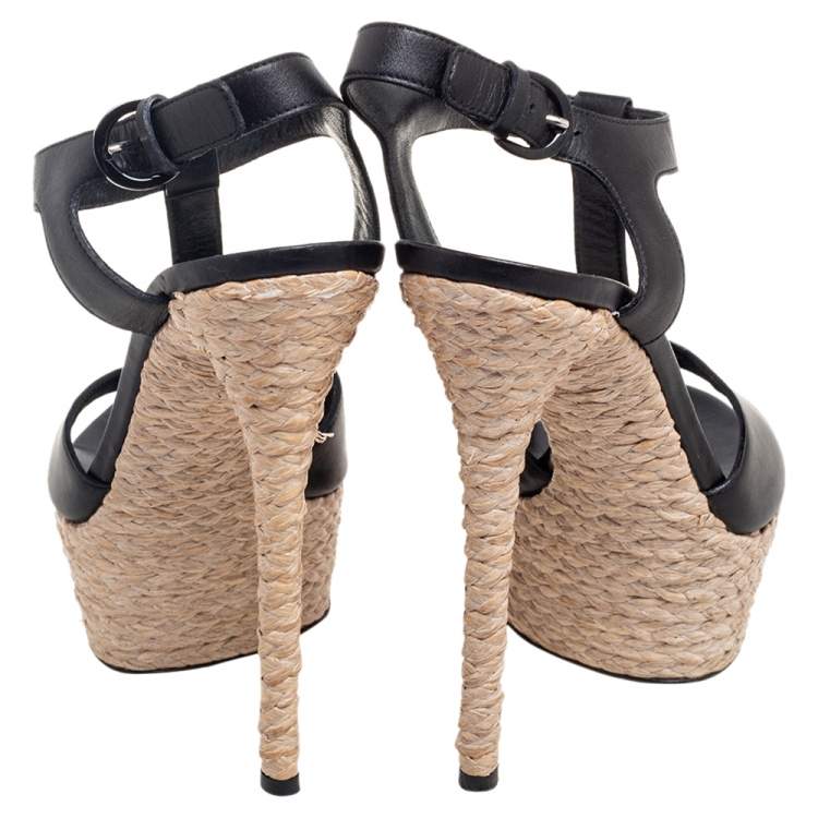 Pre Owned Casadei Black Leather T-Strap Platform Espadrille Sandals Size 39