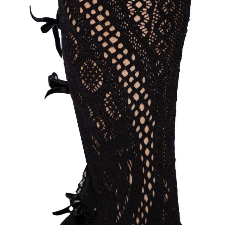 Pre Owned Casadei Black Knit Fabric And Suede Platform Knee High Boots Size 38.5