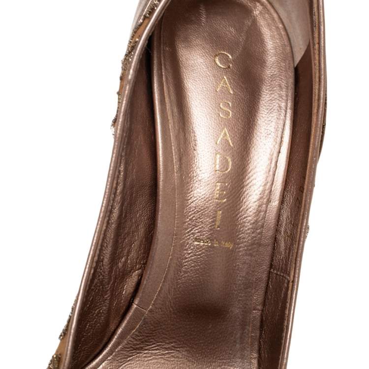 Pre Owned Casadei Bronze/Beige Leather And Lamé Leopard Print Fabric Lace Up Bow Peep Toe Pumps Size 39