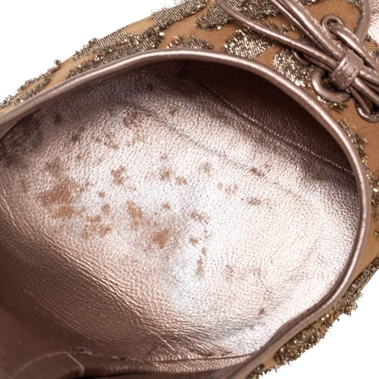 Pre Owned Casadei Bronze/Beige Leather And Lamé Leopard Print Fabric Lace Up Bow Peep Toe Pumps Size 39