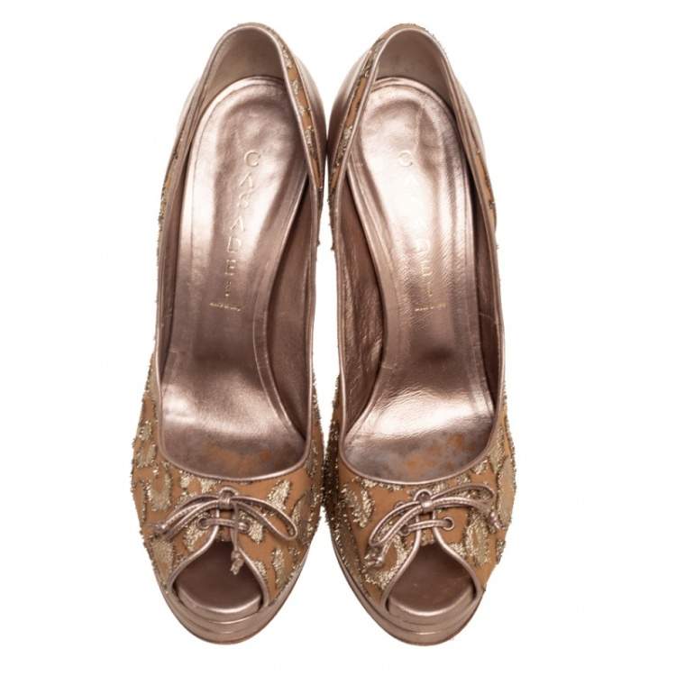 Pre Owned Casadei Bronze/Beige Leather And Lamé Leopard Print Fabric Lace Up Bow Peep Toe Pumps Size 39