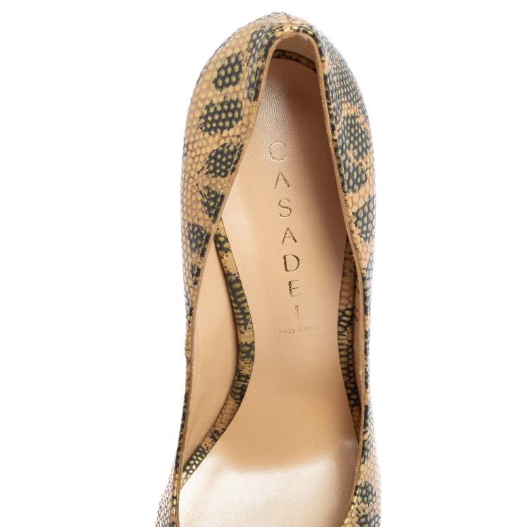 Pre Owned Casadei Beige/Green Lizard Embossed Leather  Peep Toe Platform Pumps Size 38