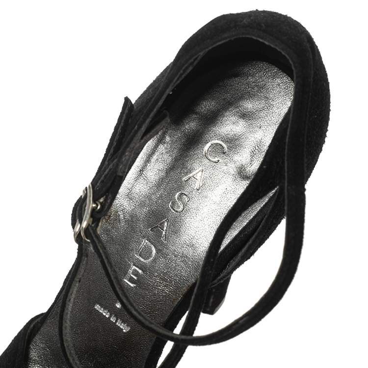 Pre Owned Casadei Black Suede Peep-Toe Ankle Strap Platform Sandals Size 35