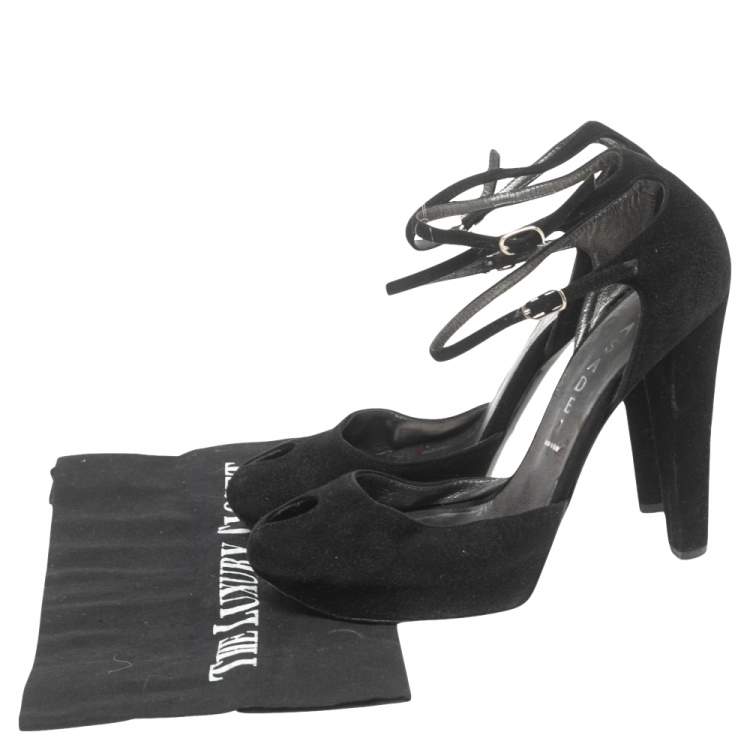 Pre Owned Casadei Black Suede Peep-Toe Ankle Strap Platform Sandals Size 35