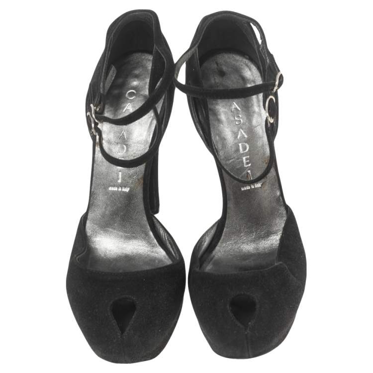 Pre Owned Casadei Black Suede Peep-Toe Ankle Strap Platform Sandals Size 35