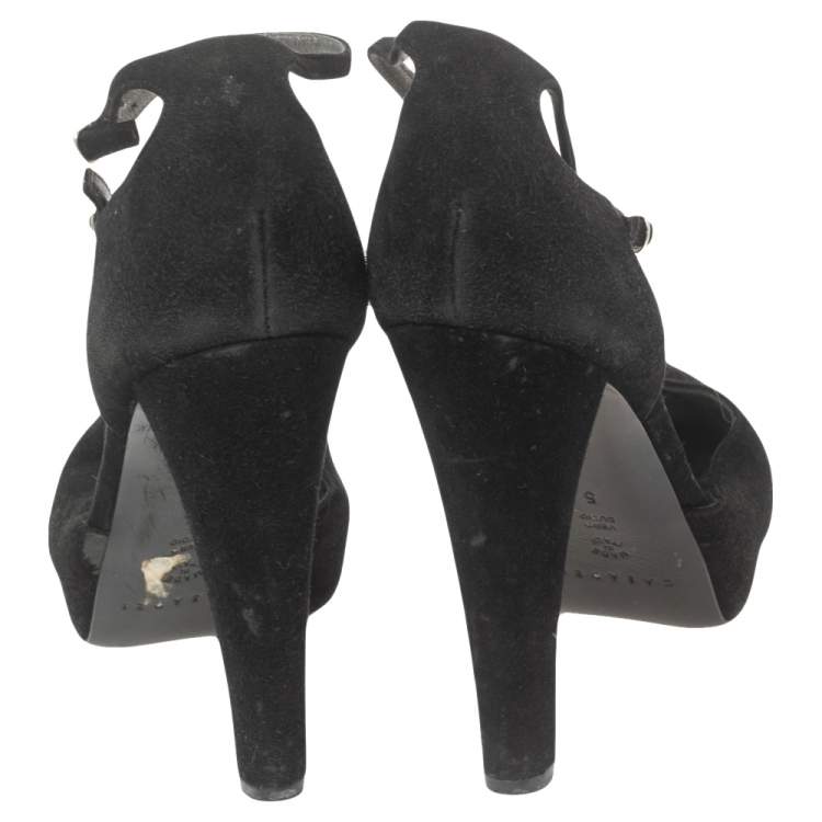 Pre Owned Casadei Black Suede Peep-Toe Ankle Strap Platform Sandals Size 35