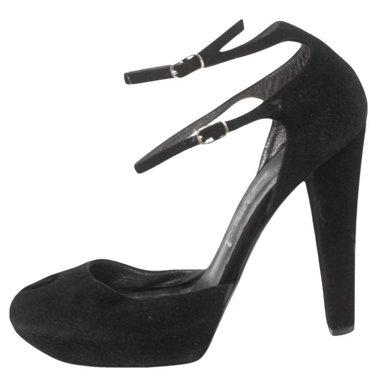 Pre Owned Casadei Black Suede Peep-Toe Ankle Strap Platform Sandals Size 35