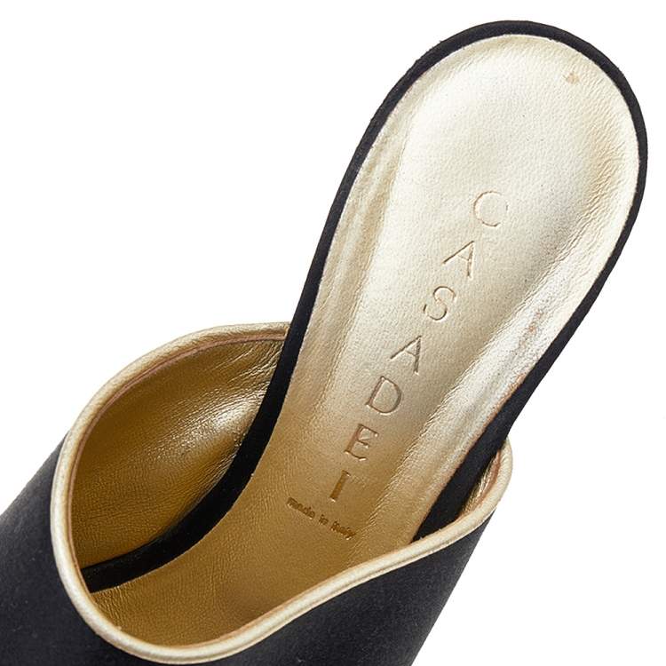 مملوكة مسبقًا Casadei Black/ Turquoise Green Satin Chain Embellished Wedge Slide Sandals Size 36