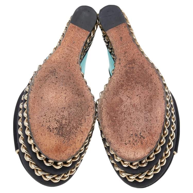مملوكة مسبقًا Casadei Black/ Turquoise Green Satin Chain Embellished Wedge Slide Sandals Size 36