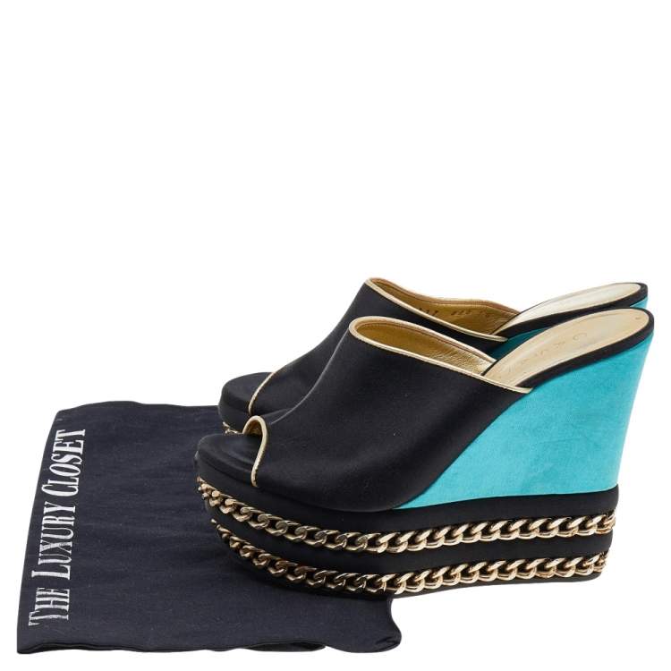 مملوكة مسبقًا Casadei Black/ Turquoise Green Satin Chain Embellished Wedge Slide Sandals Size 36