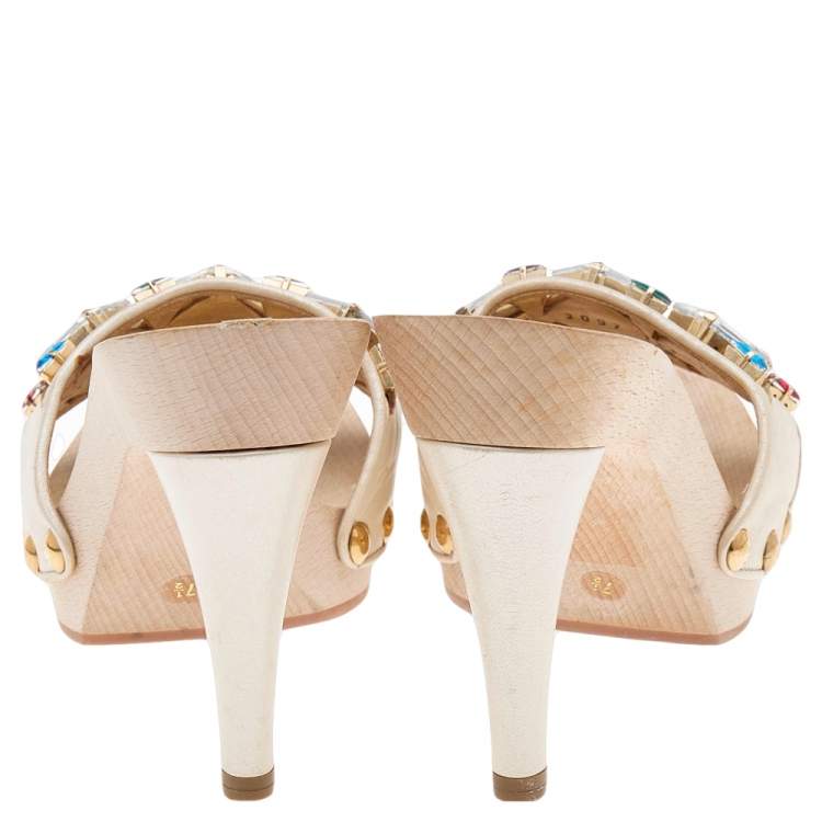 Pre Owned Casadei Cream Leather Crystal Embellished Sandals Size 37.5