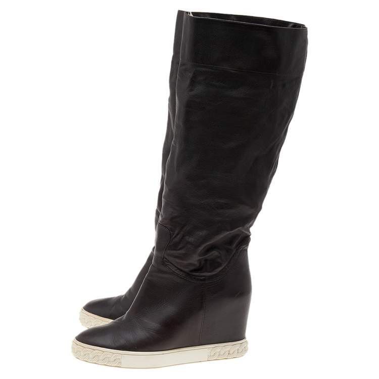Pre Owned Casadei Brown Leather Wedge Mid Calf Boots Size 38