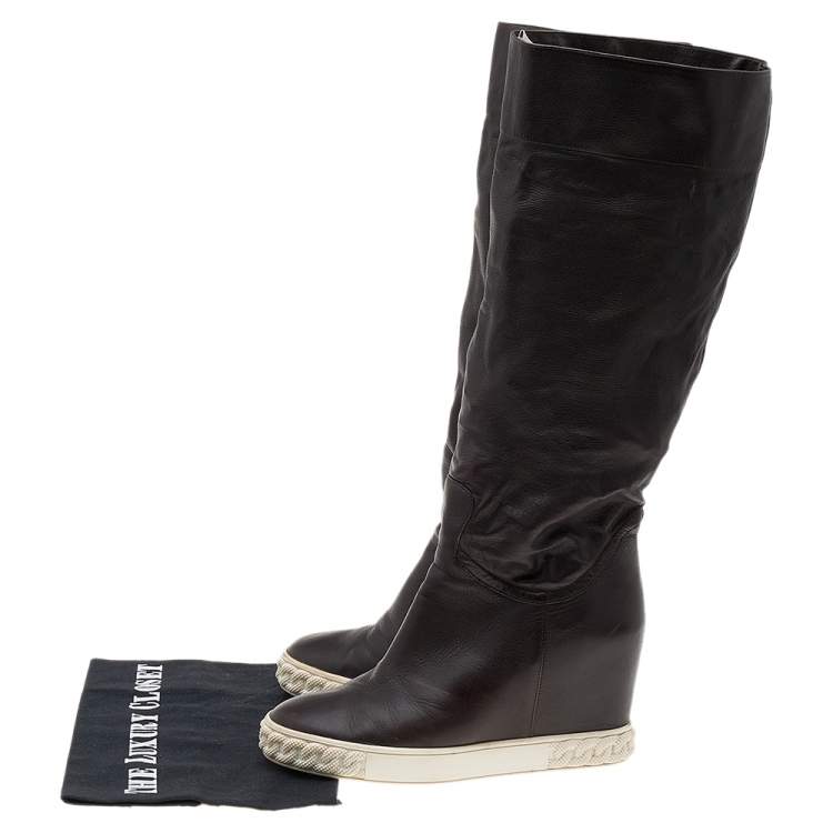 Pre Owned Casadei Brown Leather Wedge Mid Calf Boots Size 38
