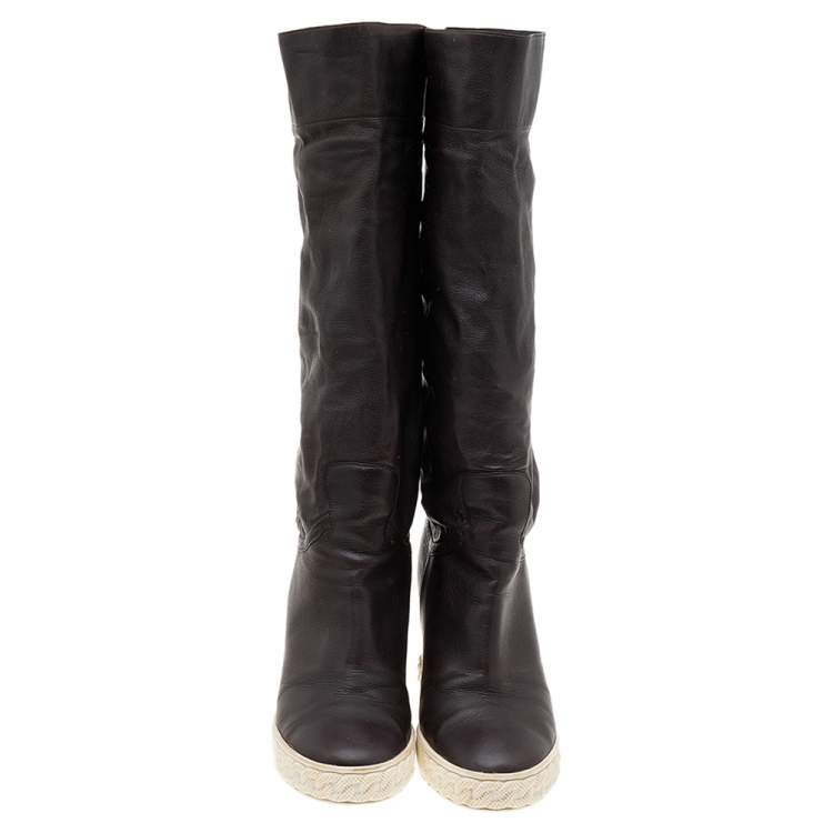 Pre Owned Casadei Brown Leather Wedge Mid Calf Boots Size 38