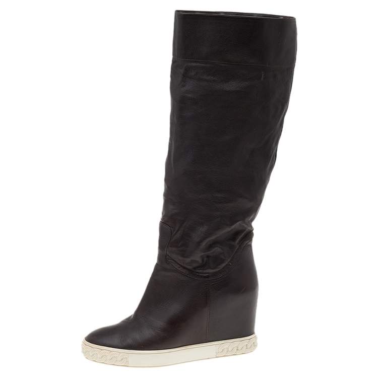 Pre Owned Casadei Brown Leather Wedge Mid Calf Boots Size 38