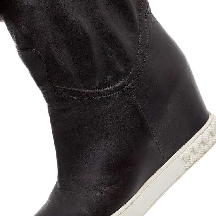Pre Owned Casadei Brown Leather Wedge Mid Calf Boots Size 38