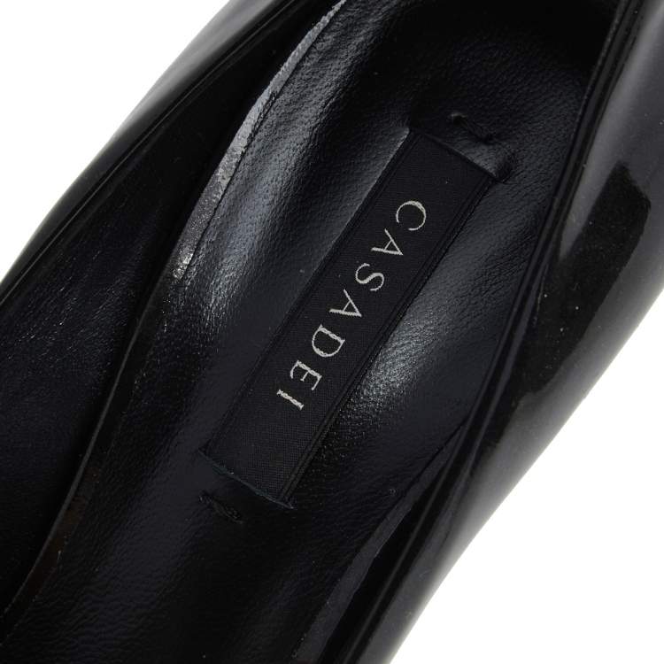 Pre Owned Casadei Black Glitter Patent Leather Platform Peep Toe Pumps Size 37