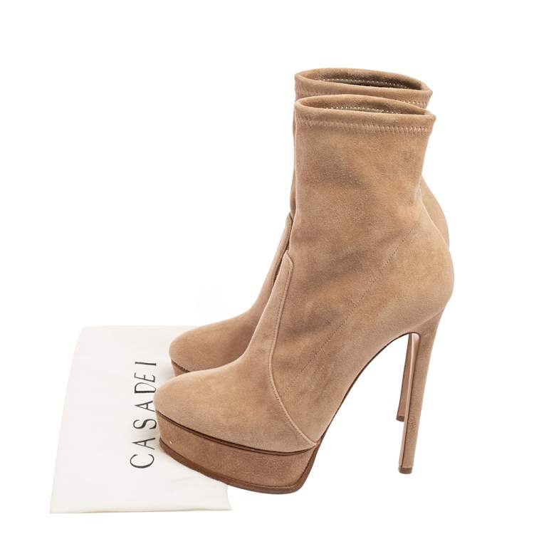 Pre Owned Casadei Beige Suede Platform Ankle Booties Size 37.5