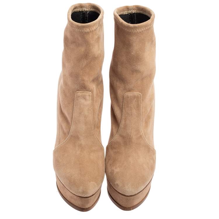 Pre Owned Casadei Beige Suede Platform Ankle Booties Size 37.5