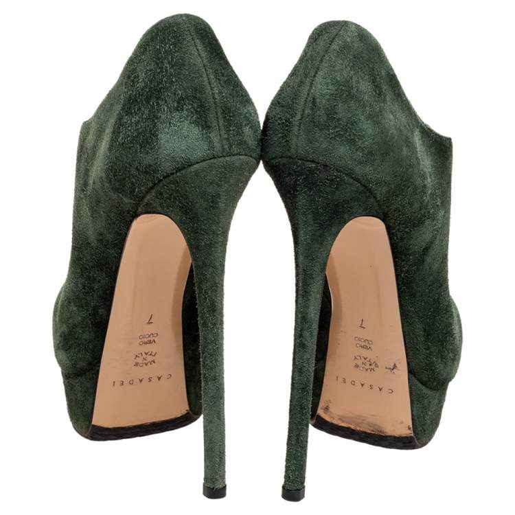 Pre Owned Casadei Green Suede Pointed-Toe Platform Ankle Booties Size 37