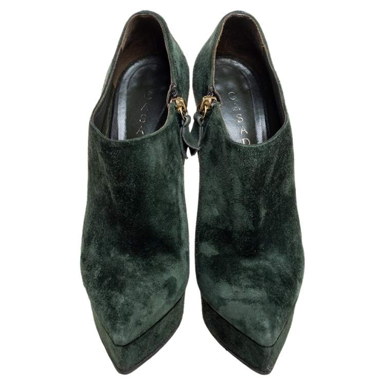 Pre Owned Casadei Green Suede Pointed-Toe Platform Ankle Booties Size 37