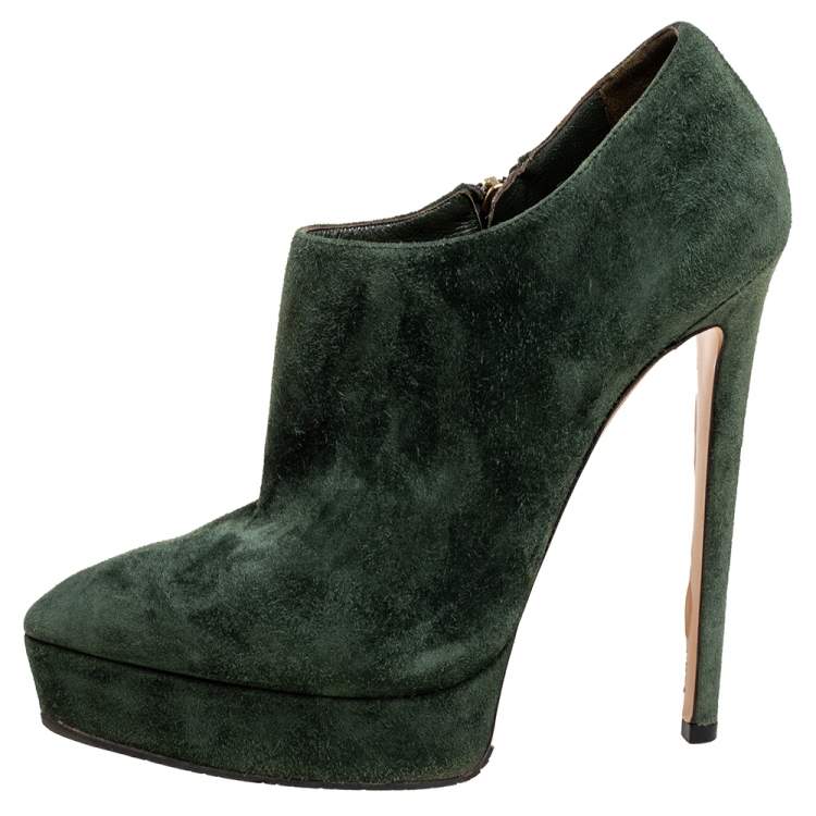 Pre Owned Casadei Green Suede Pointed-Toe Platform Ankle Booties Size 37