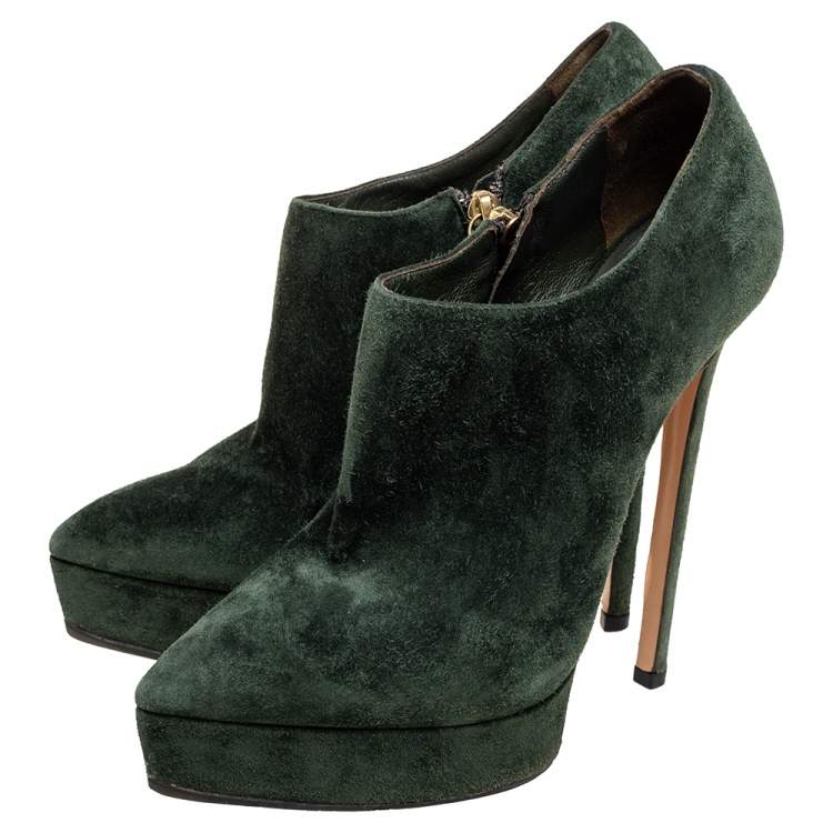 Pre Owned Casadei Green Suede Pointed-Toe Platform Ankle Booties Size 37