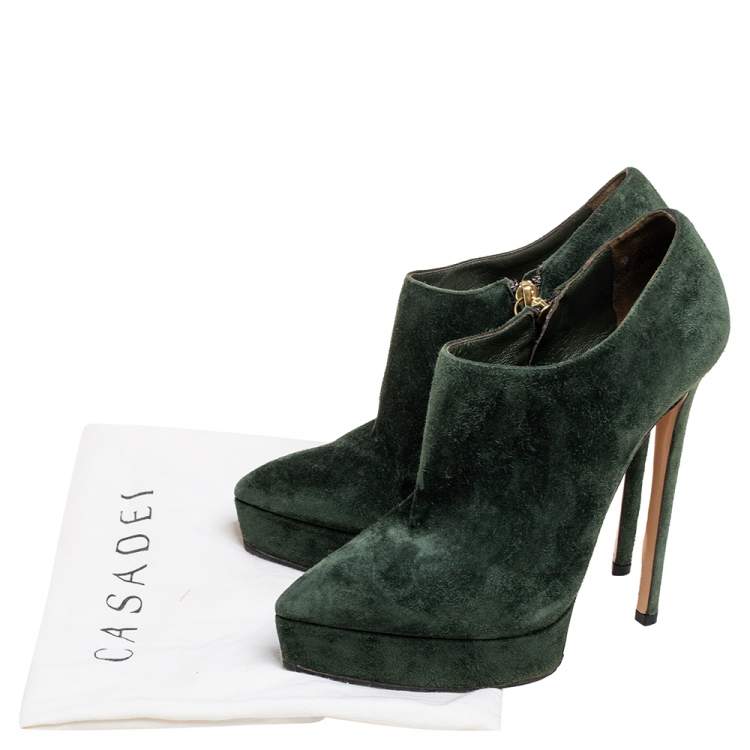 Pre Owned Casadei Green Suede Pointed-Toe Platform Ankle Booties Size 37