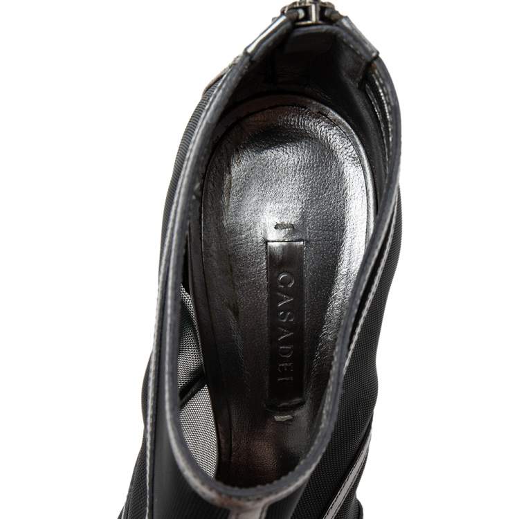 Pre Owned Casadei Metallic Grey/Black Leather and Mesh Open-Toe Ankle Booties Size 38
