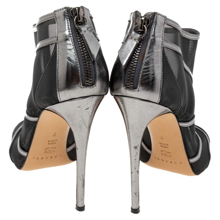 Pre Owned Casadei Metallic Grey/Black Leather and Mesh Open-Toe Ankle Booties Size 38