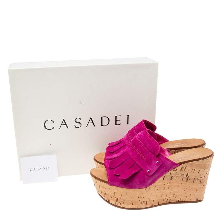Pre Owned Casadei Pink Suede Tassel Open Toe Cork Platform Wedge Sandals Size 38