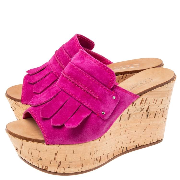 Pre Owned Casadei Pink Suede Tassel Open Toe Cork Platform Wedge Sandals Size 38