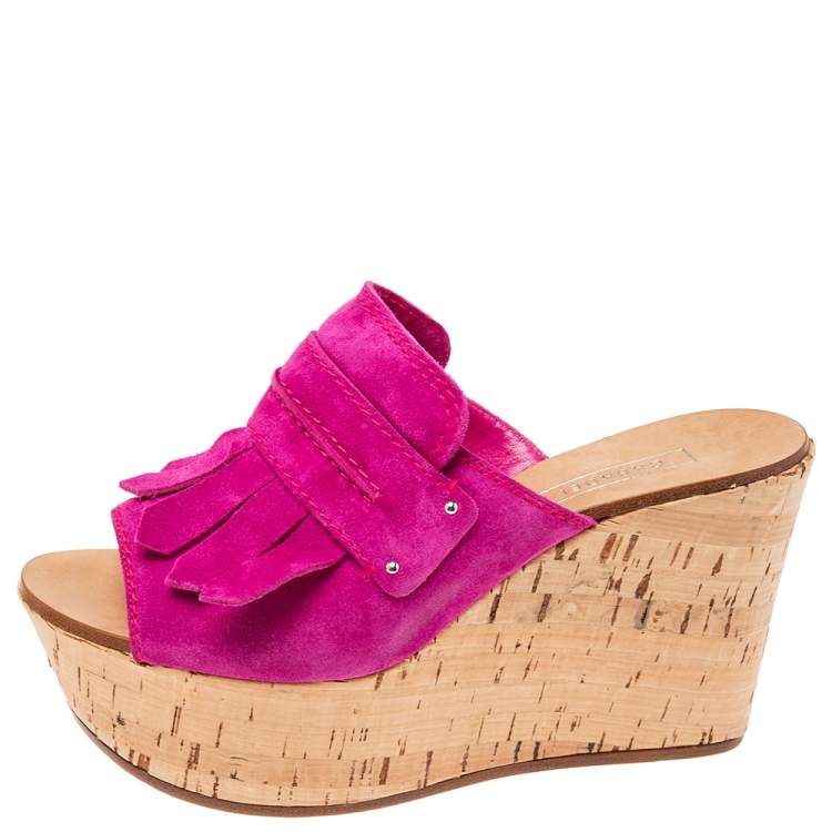 Pre Owned Casadei Pink Suede Tassel Open Toe Cork Platform Wedge Sandals Size 38