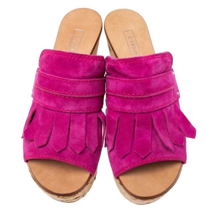 Pre Owned Casadei Pink Suede Tassel Open Toe Cork Platform Wedge Sandals Size 38
