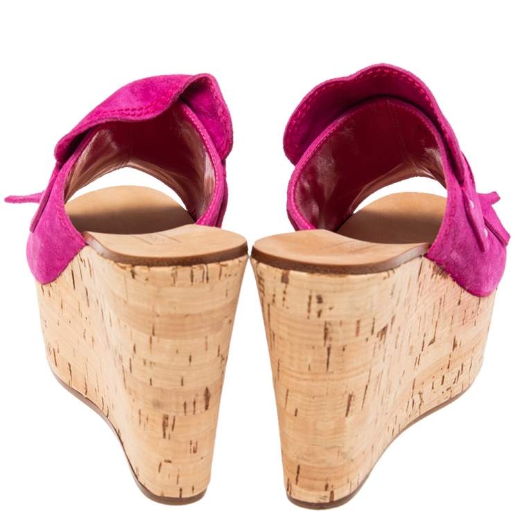 Pre Owned Casadei Pink Suede Tassel Open Toe Cork Platform Wedge Sandals Size 38