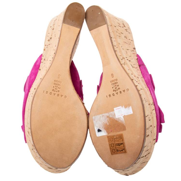 Pre Owned Casadei Pink Suede Tassel Open Toe Cork Platform Wedge Sandals Size 38
