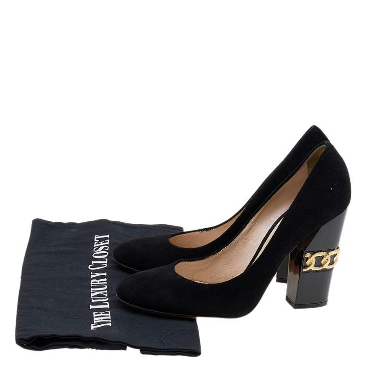 Pre Owned Casadei Black Suede Chain Block Heel Round Toe Pumps Size 38.5