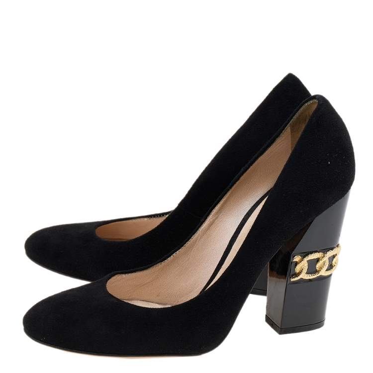Pre Owned Casadei Black Suede Chain Block Heel Round Toe Pumps Size 38.5