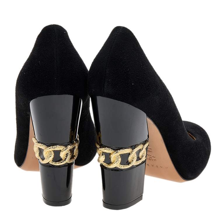 Pre Owned Casadei Black Suede Chain Block Heel Round Toe Pumps Size 38.5