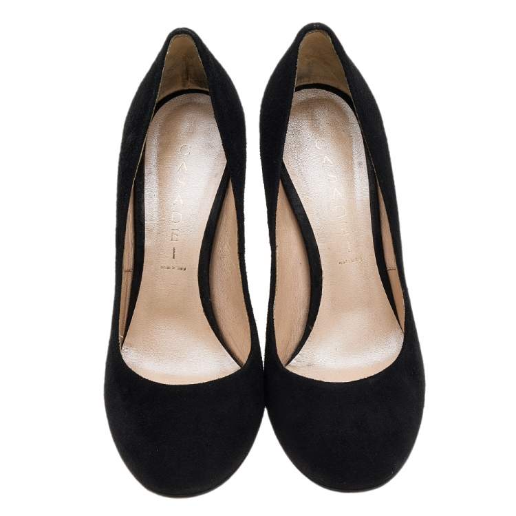 Pre Owned Casadei Black Suede Chain Block Heel Round Toe Pumps Size 38.5