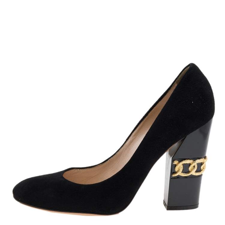 Pre Owned Casadei Black Suede Chain Block Heel Round Toe Pumps Size 38.5
