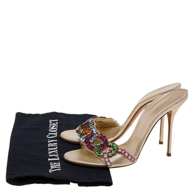 Pre Owned Casadei Gold Leather Crystal Embellished Slide Sandals Size 39