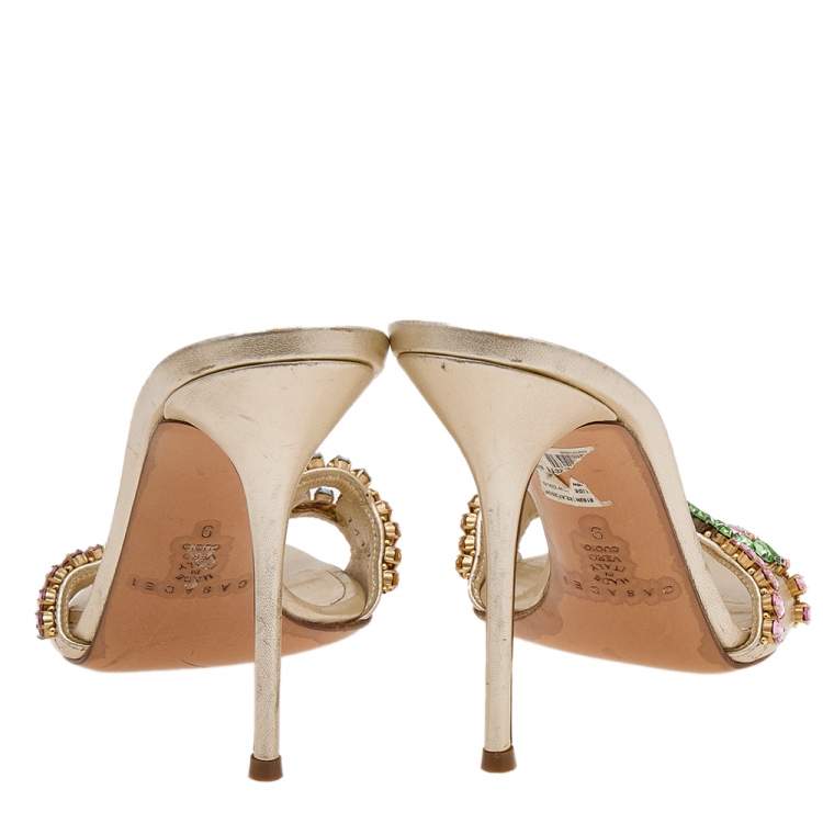 Pre Owned Casadei Gold Leather Crystal Embellished Slide Sandals Size 39